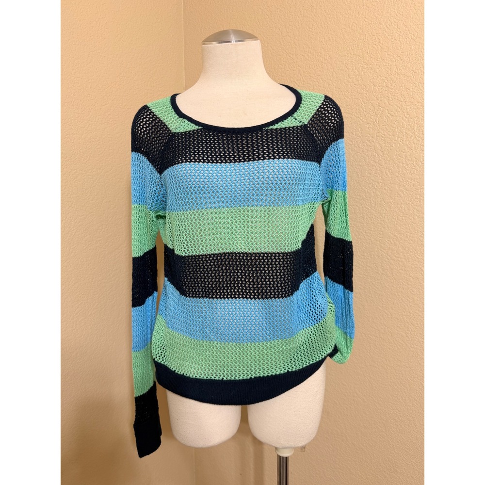 525 America Womens Medium Striped Open Knit Mesh Sweater Blue Green Long Sleeve